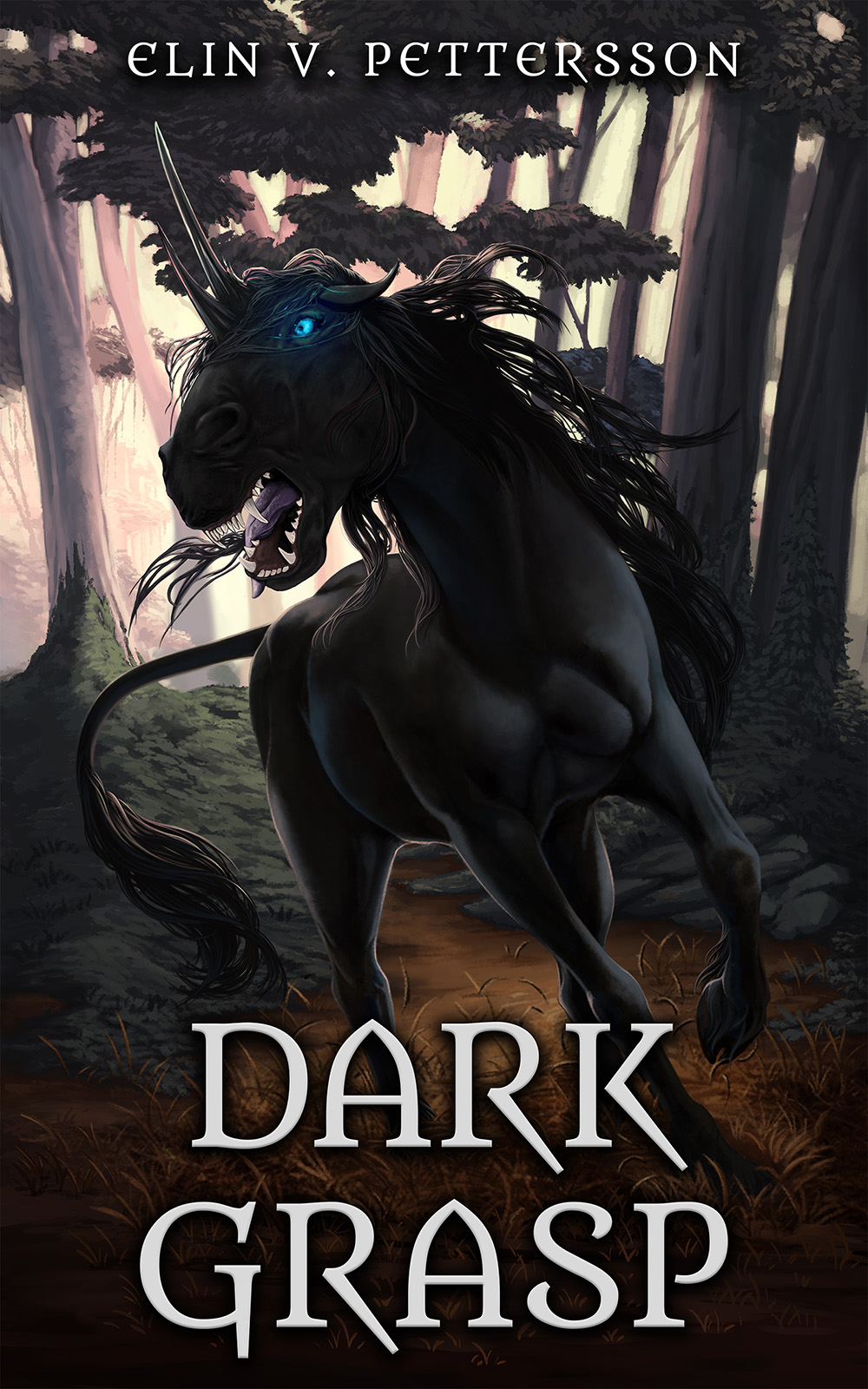Book cover for Dark Grasp, the black flesh-eating unicorn with actually two corns.