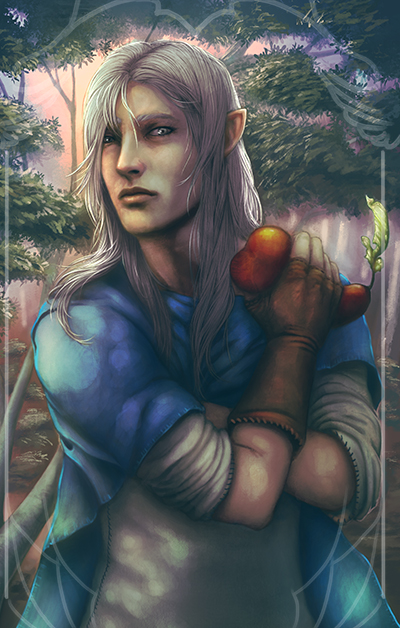 Namayah the elven captain of Imanai holding a funny vegetable while looking suspicious.